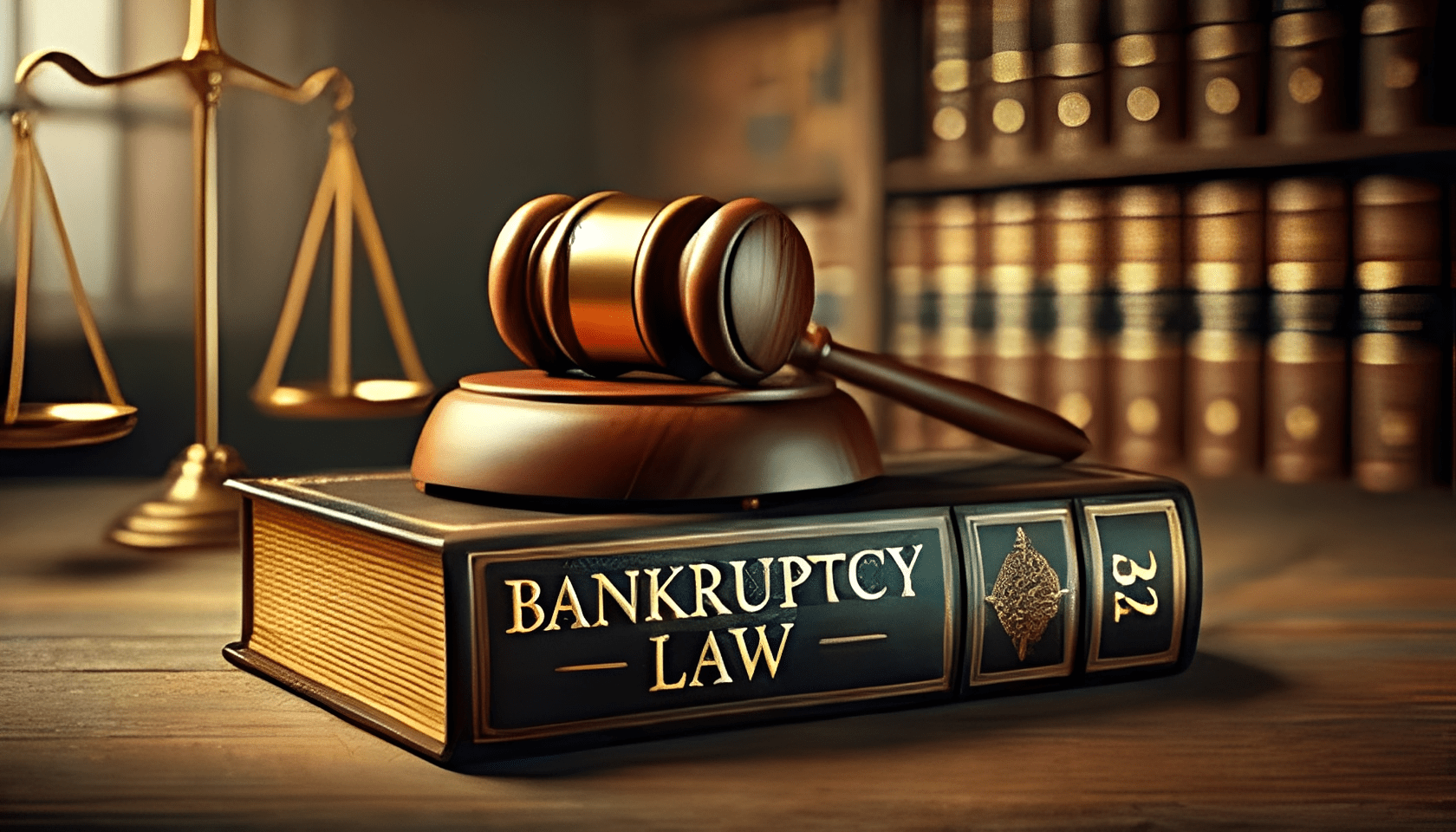 Gavel on bankruptcy law book, scales nearby.