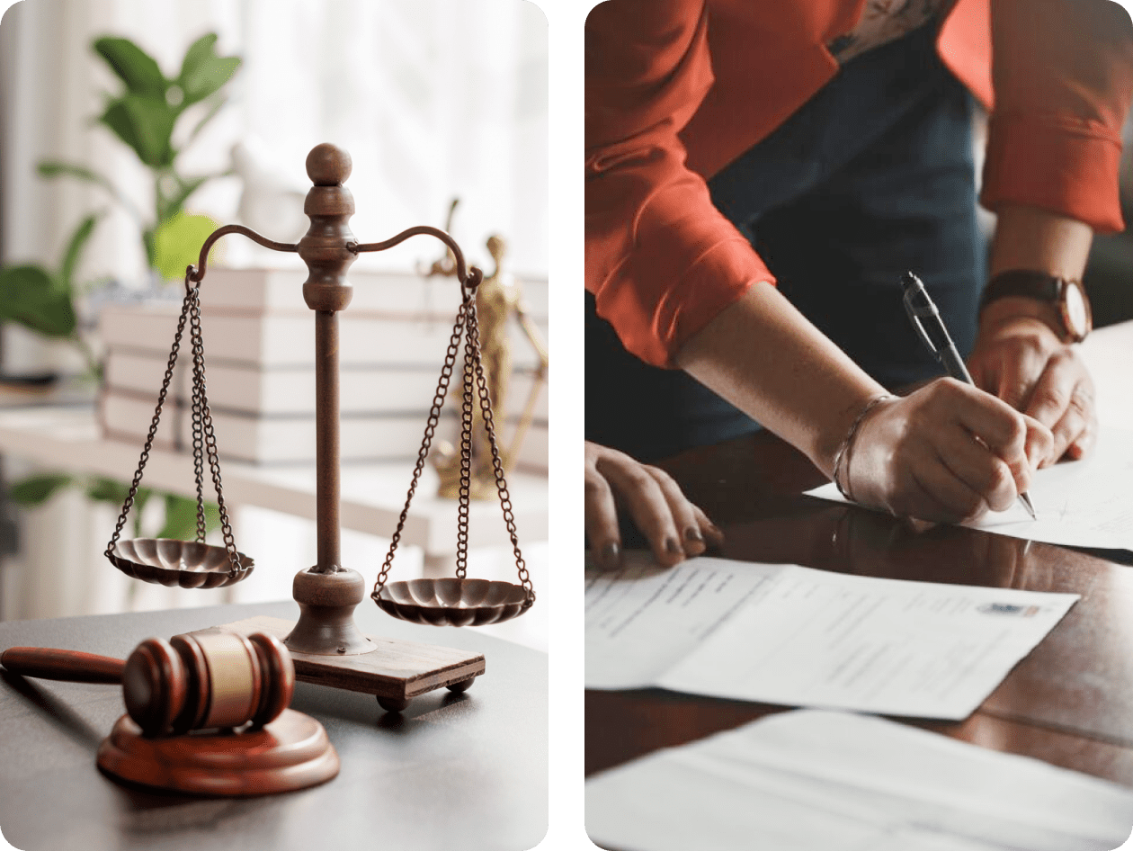 Scales, gavel, and person signing documents.